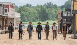 (l to r) Byung-hun Lee, Manuel Garcia-Rulfo, Ethan Hawke, Denzel Washington, Chris Pratt, Vincent D'Onofrio and Martin Sensmeier in Metro-Goldwyn-Mayer Pictures and Columbia Pictures' THE MAGNIFICENT SEVEN.