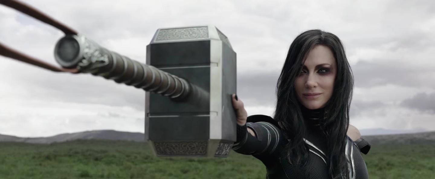 Hela (Cate Blanchett) scoffs at Thor's hammer